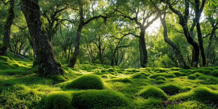 Patches of vibrant moss carpeting the forest floor beneath towering oak trees - Starpik Stock