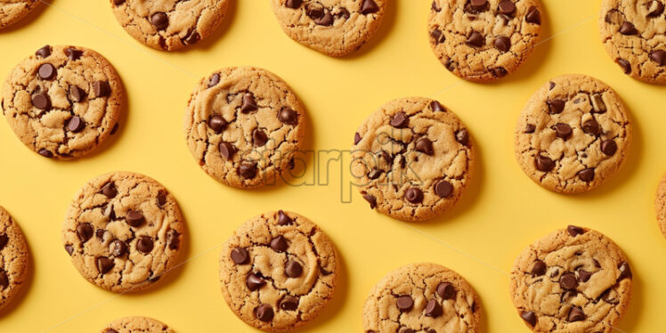 Pattern of chocolate chip cookies scattered on a isolate yellow background - Starpik Stock