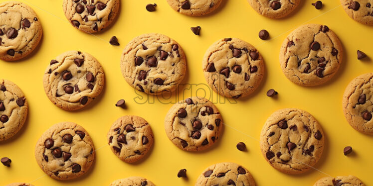 Pattern of chocolate chip cookies scattered on a isolate yellow background - Starpik Stock