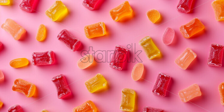 Pattern of gummies candies scattered on a isolate pink background - Starpik Stock