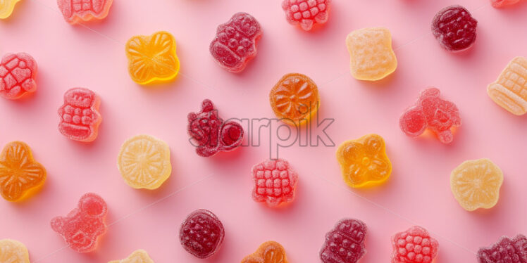 Pattern of gummies candies scattered on a isolate pink background - Starpik Stock