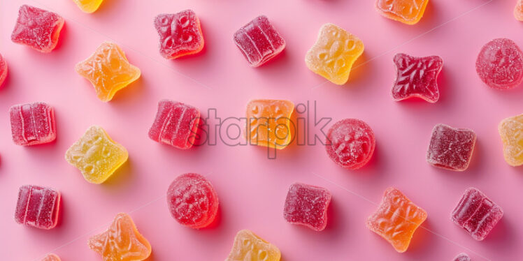 Pattern of gummies candies scattered on a isolate pink background - Starpik Stock