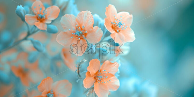 Peach flowers on blue background mysterious magical spring card - Starpik Stock