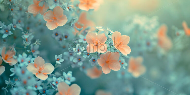 Peach flowers on blue background mysterious magical spring card - Starpik Stock