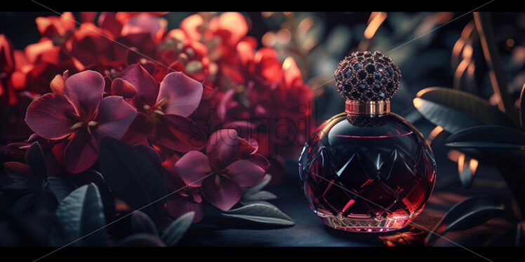 Perfume in an oval shape, flowers on black background - Starpik Stock