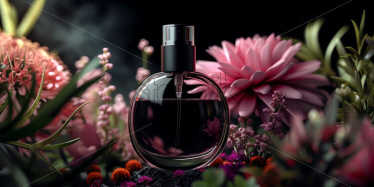 Perfume in an oval shape, flowers on black background - Starpik Stock