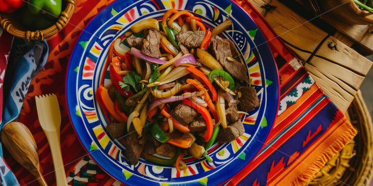 Peruvian Lomo Saltado on a colorful plate - Starpik Stock