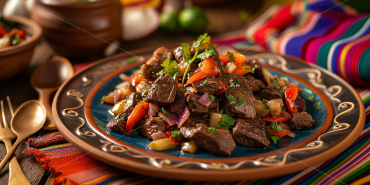 Peruvian Lomo Saltado on a colorful plate - Starpik Stock