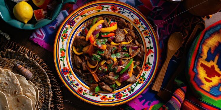 Peruvian Lomo Saltado on a colorful plate - Starpik Stock