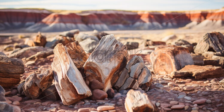 Petrified wood scattered across the barren landscape of the Painted Desert - Starpik Stock