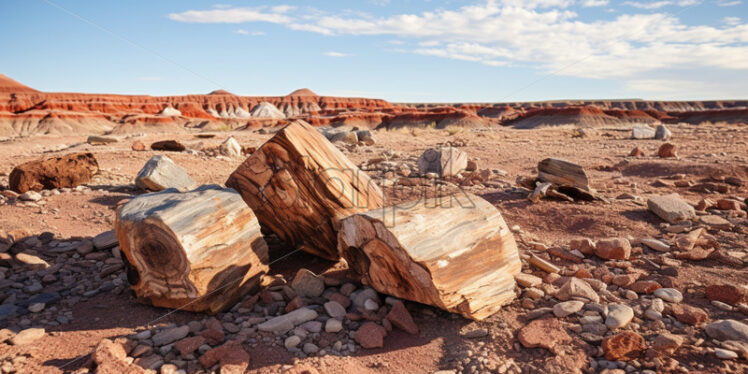 Petrified wood scattered across the barren landscape of the Painted Desert - Starpik Stock