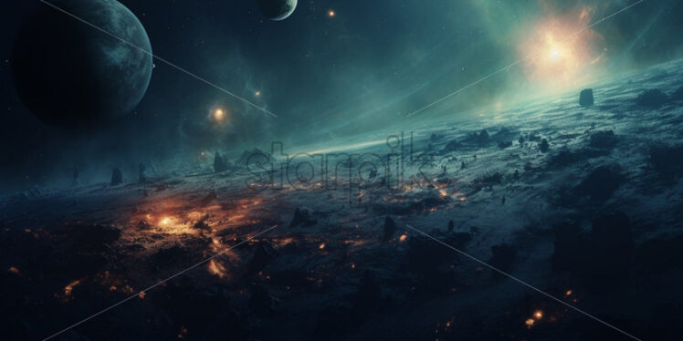 Photo of galaxy and planet. Cosmic panorama - Starpik Stock