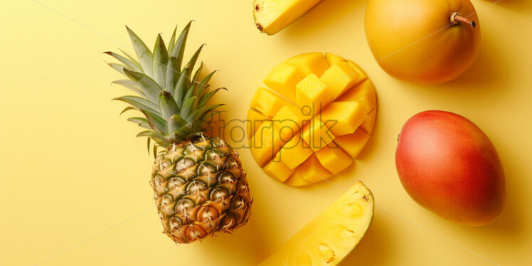 Pineapple and mango slices on yellow background - Starpik Stock