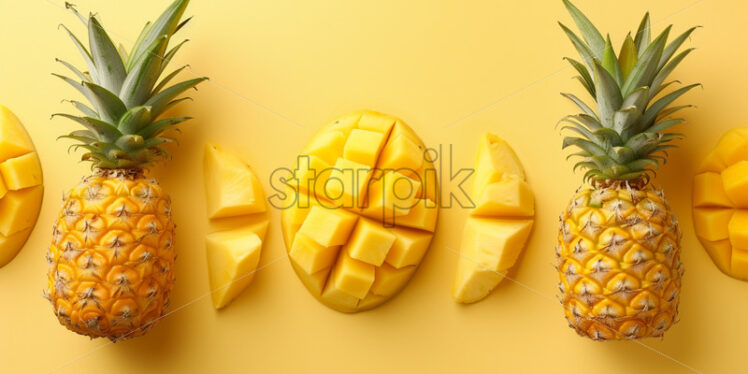 Pineapple and mango slices on yellow background - Starpik Stock