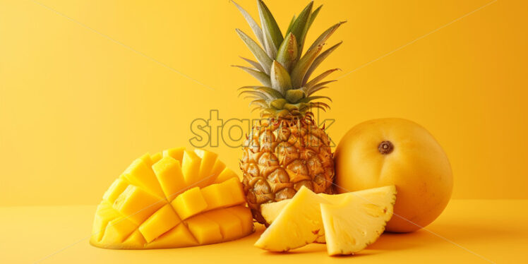 Pineapple and mango slices on yellow background - Starpik Stock