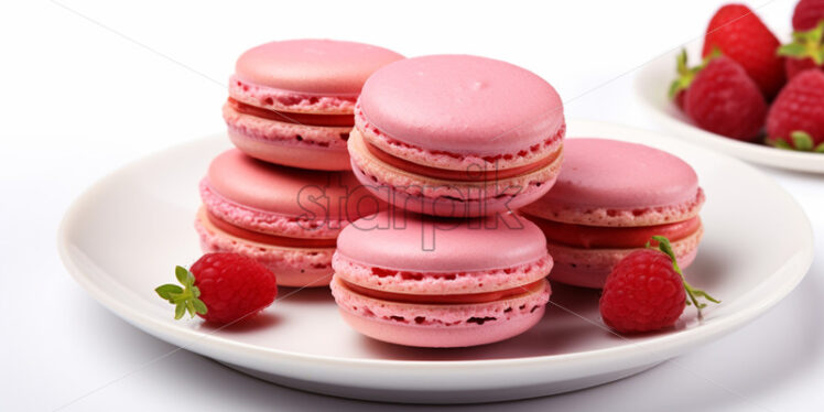 Pink macarons with strawberry cream, on isolated white background - Starpik Stock