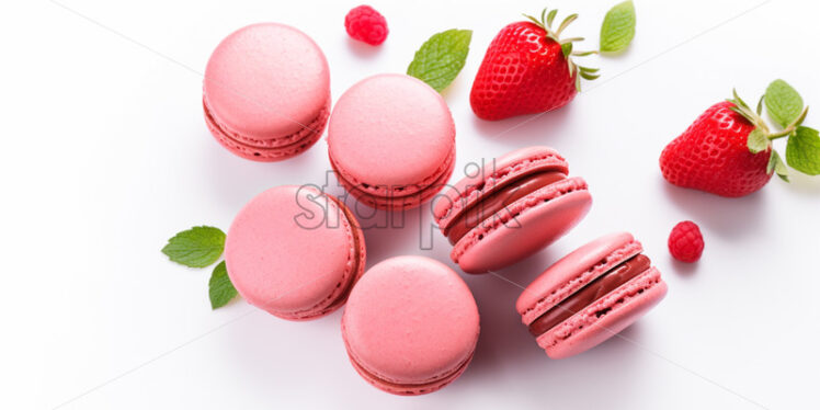 Pink macarons with strawberry cream, on isolated white background - Starpik Stock