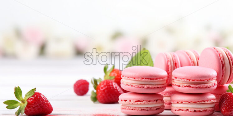 Pink macarons with strawberry cream, on isolated white background - Starpik Stock