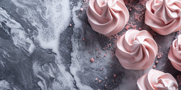 Pink meringue cookies on a gray marble table delicious desserts - Starpik Stock