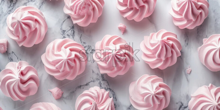 Pink meringue cookies on a gray marble table delicious desserts - Starpik Stock