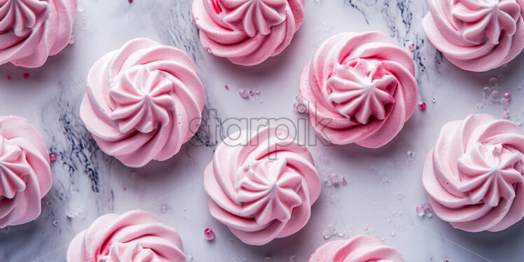 Pink meringue cookies on a gray marble table delicious desserts - Starpik Stock