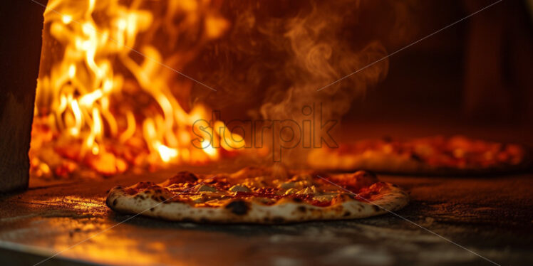 Pizza cooking on wooden fire, delicious dish - Starpik Stock