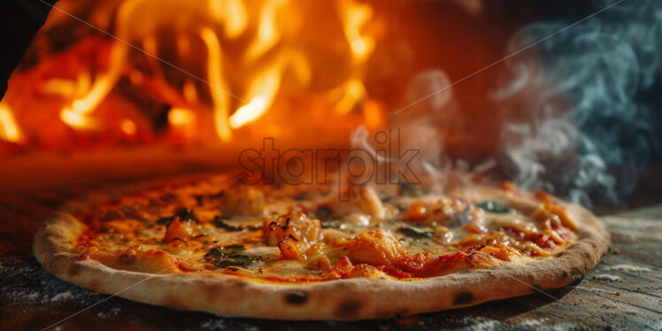 Pizza cooking on wooden fire, delicious dish - Starpik Stock