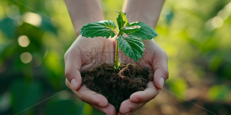 Plant growing in palms, Nature environment eco friendly banner - Starpik Stock