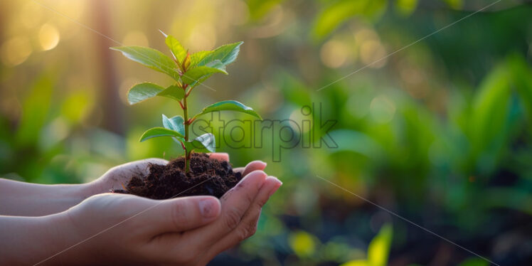 Plant growing in palms, Nature environment eco friendly banner - Starpik Stock