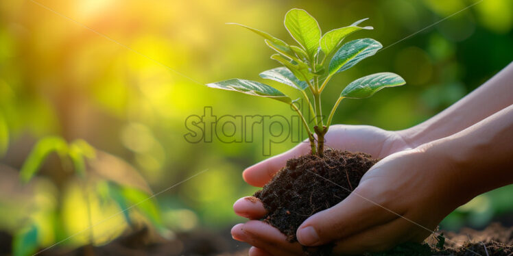 Plant growing in palms, Nature environment eco friendly banner - Starpik Stock