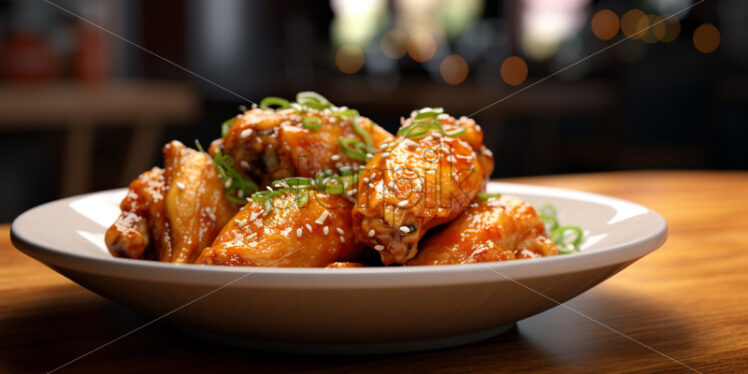 Plate of crispy caramel chicken, on wood table, in restaurant interior - Starpik Stock