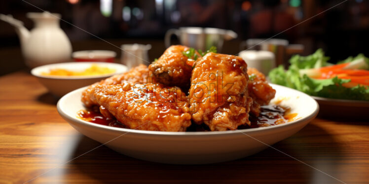 Plate of crispy caramel chicken, on wood table, in restaurant interior - Starpik Stock