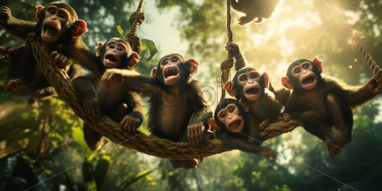 Playful monkey troop swinging through the jungle canopy, their lively antics echoing through the trees - Starpik Stock