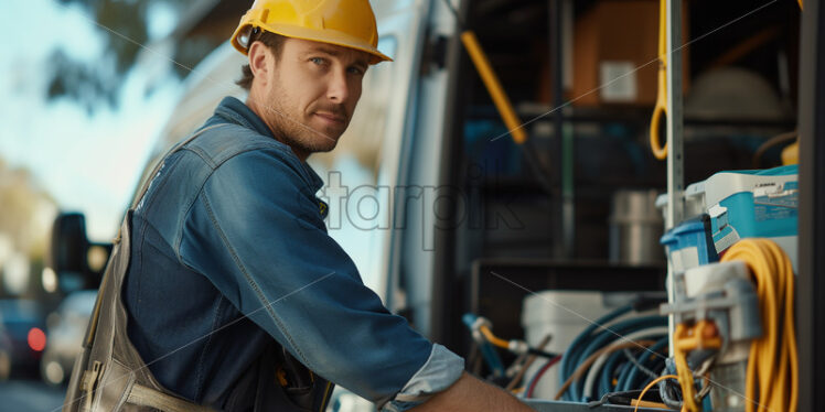  Plumber at open truck with equipment - Starpik Stock