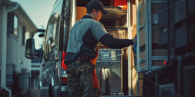 Plumber unloading equipment at dusk - Starpik Stock