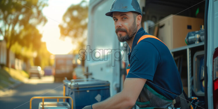  Plumber unloading equipment from truck - Starpik Stock