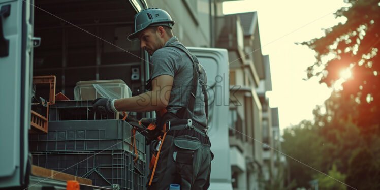  Plumber unloading equipment near residential area - Starpik Stock