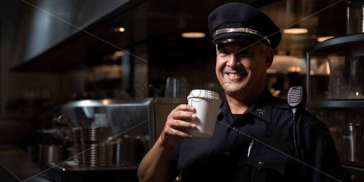 Police man holding a cup of coffee - Starpik Stock