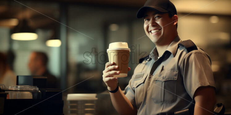 Police man holding a cup of coffee - Starpik Stock