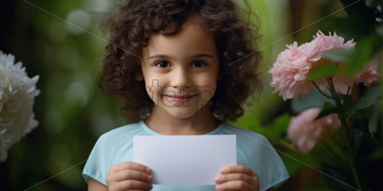 Portrait of child presenting handmade card for mom - Starpik Stock