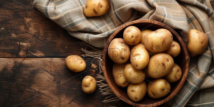 Potatoes in a wooden bowl on a table - Starpik Stock