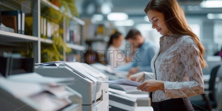 Printer area with employees collecting printed documents - Starpik Stock