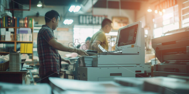 Printer area with employees collecting printed documents - Starpik Stock