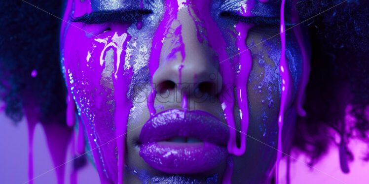 Purple paint pouring on a woman face - Starpik Stock