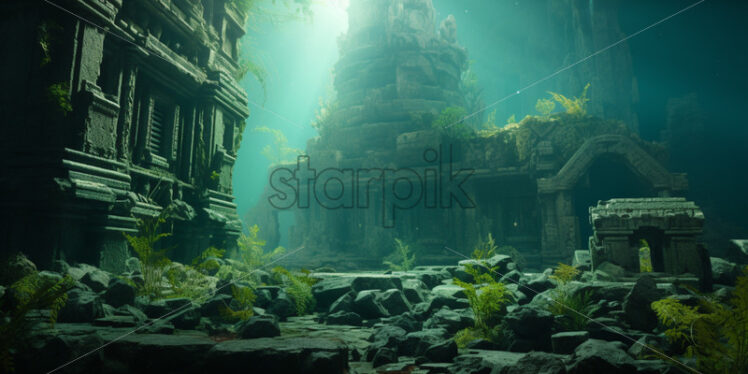 Realistic photo underwater lost city.Ancient ruins - Starpik Stock