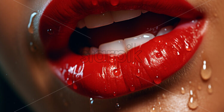 Red lips with water drops close up - Starpik Stock