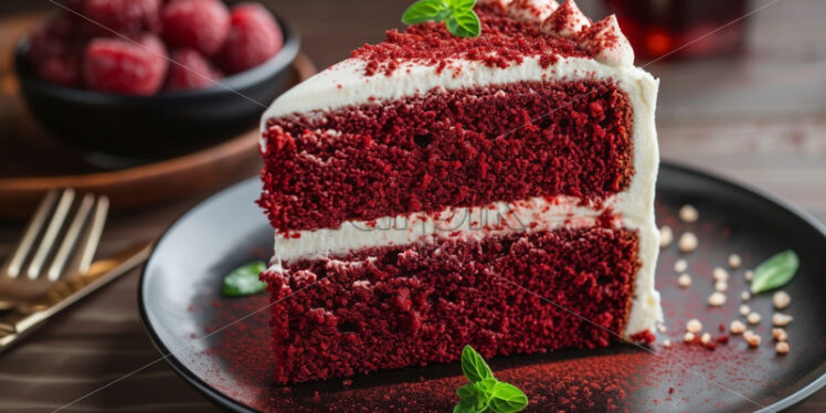 Red velvet cake slice with fresh cream, romantic dessert - Starpik Stock