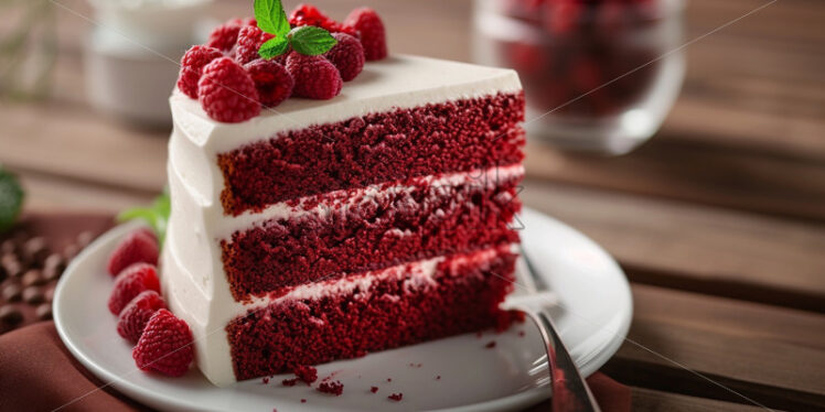 Red velvet cake slice with fresh cream, romantic dessert - Starpik Stock