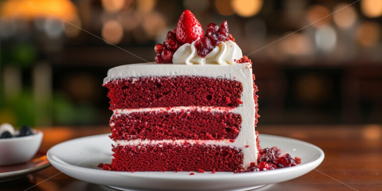 Red velvet cake slice with fresh cream, romantic dessert - Starpik Stock