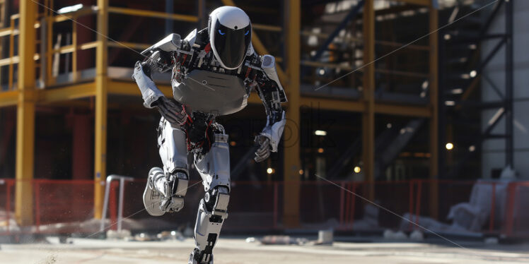 Running humanoid robot by the factory - Starpik Stock